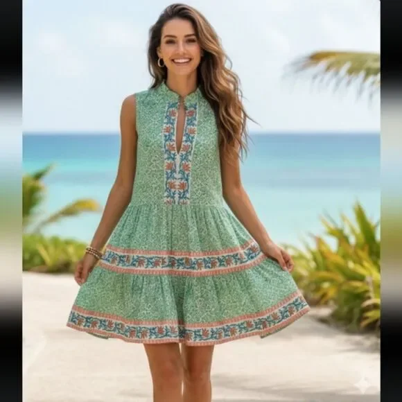 Oliphant Yoke Mini Dress Tiered A-Line Split V-Neck Ruffle Collar Green Boho XL - Picture 3 of 8